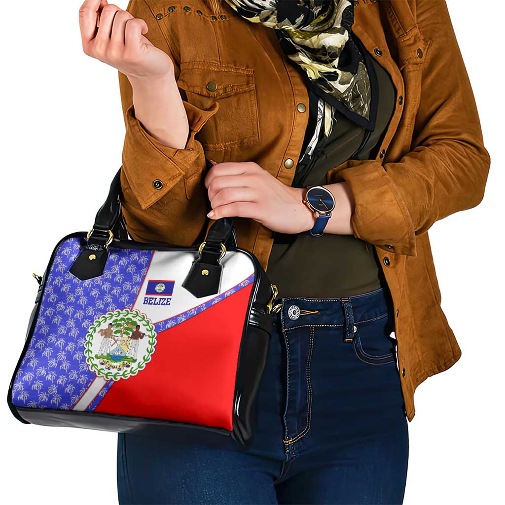 Belize Coat of Arms Shoulder Handbag with Palm Pattern and Split Red Blue Design TS04