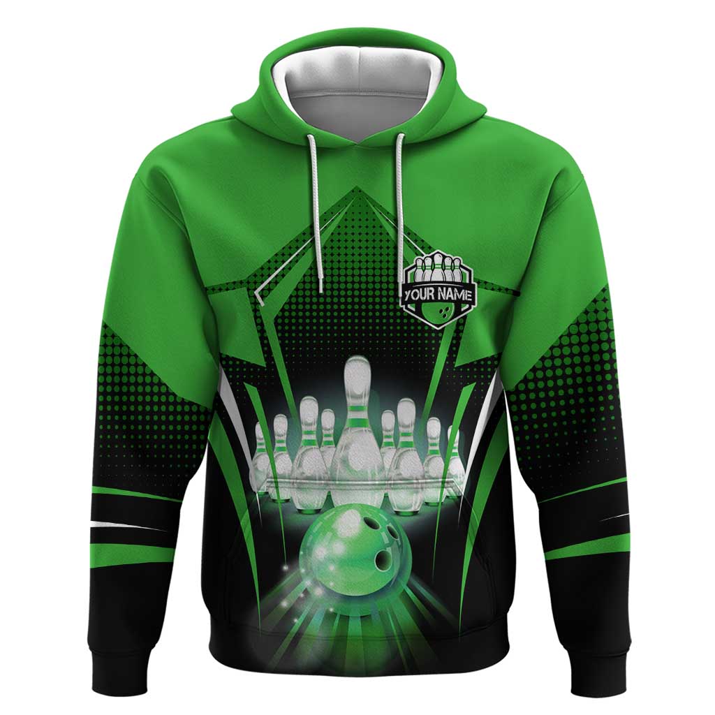 Bowling Team Design Hoodie Green Strike Graphic and Custom Name Shield Accent TS04