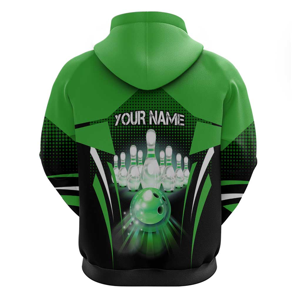 Bowling Team Design Hoodie Green Strike Graphic and Custom Name Shield Accent TS04
