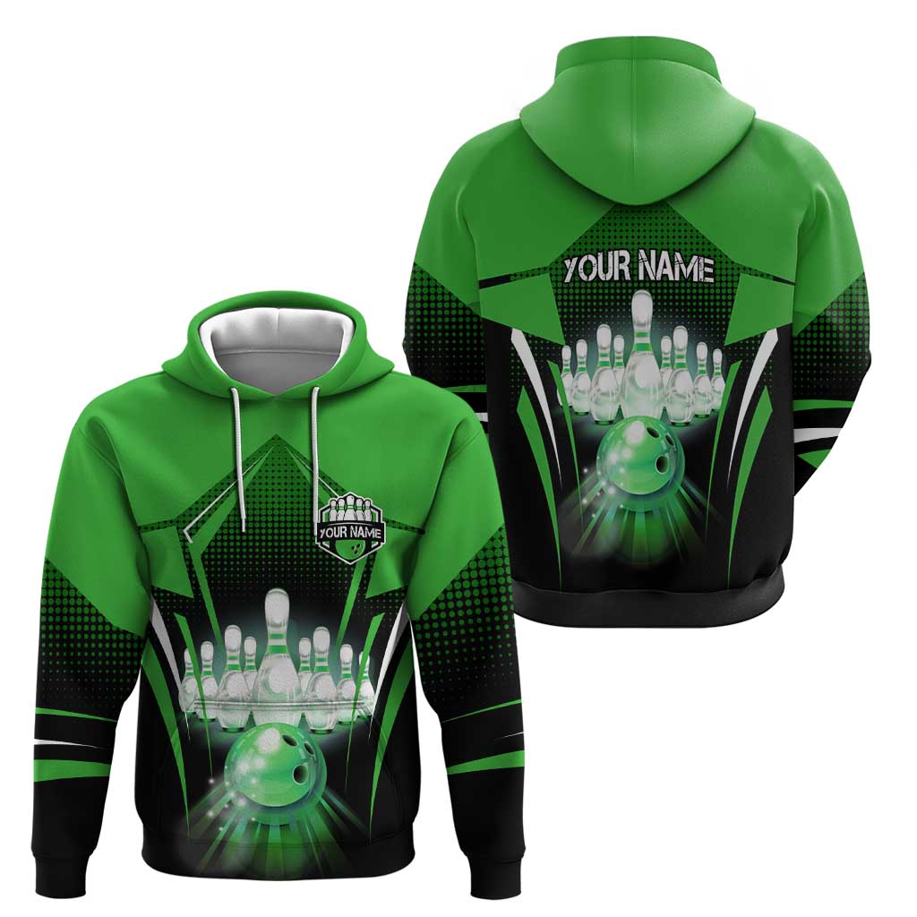 Bowling Team Design Hoodie Green Strike Graphic and Custom Name Shield Accent TS04