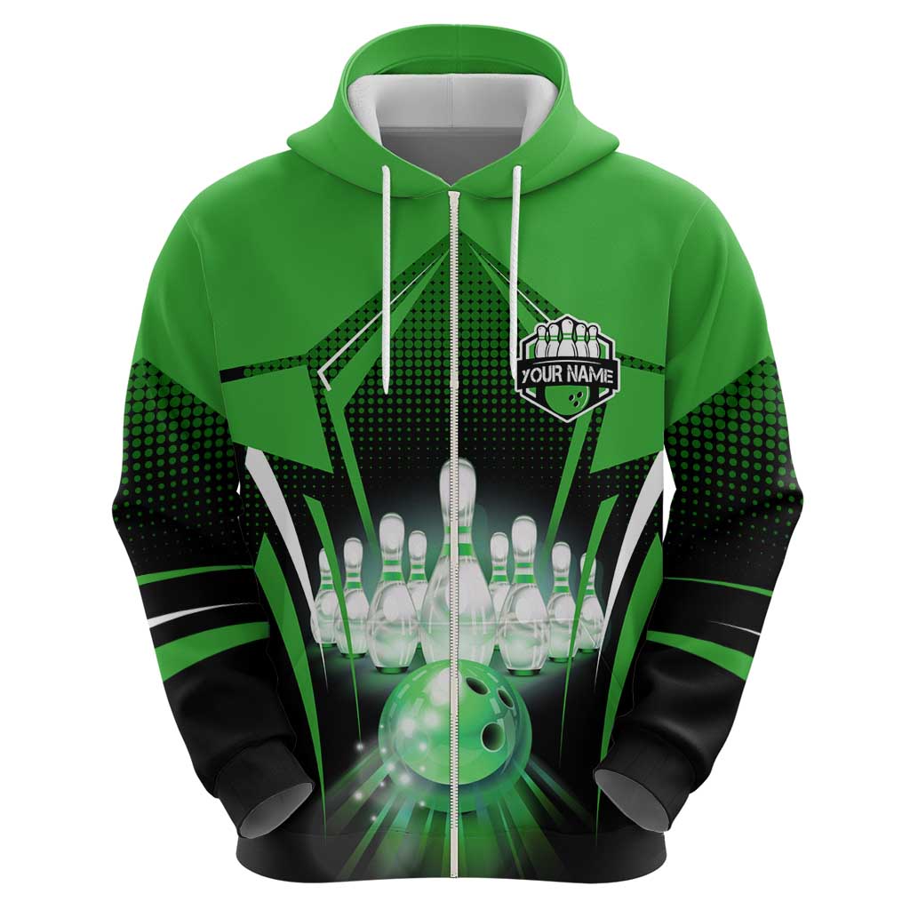 Bowling Team Design Hoodie Green Strike Graphic and Custom Name Shield Accent TS04