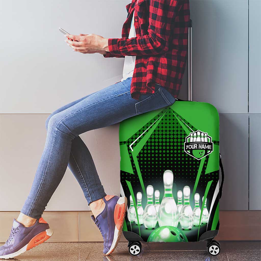 Bowling Team Design Luggage Cover Green Strike Graphic and Custom Name Shield Accent TS04