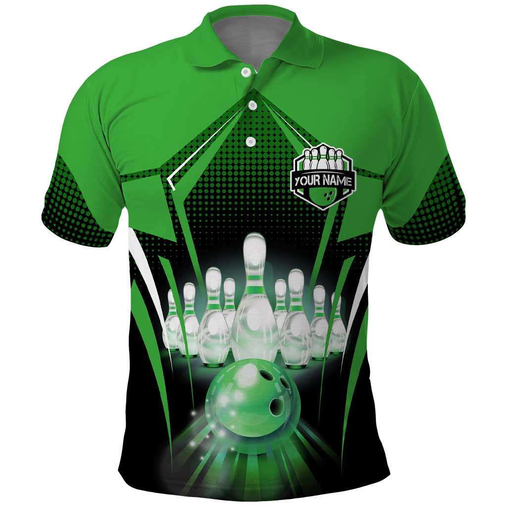 Bowling Team Design Polo Shirt Green Strike Graphic and Custom Name Shield Accent TS04