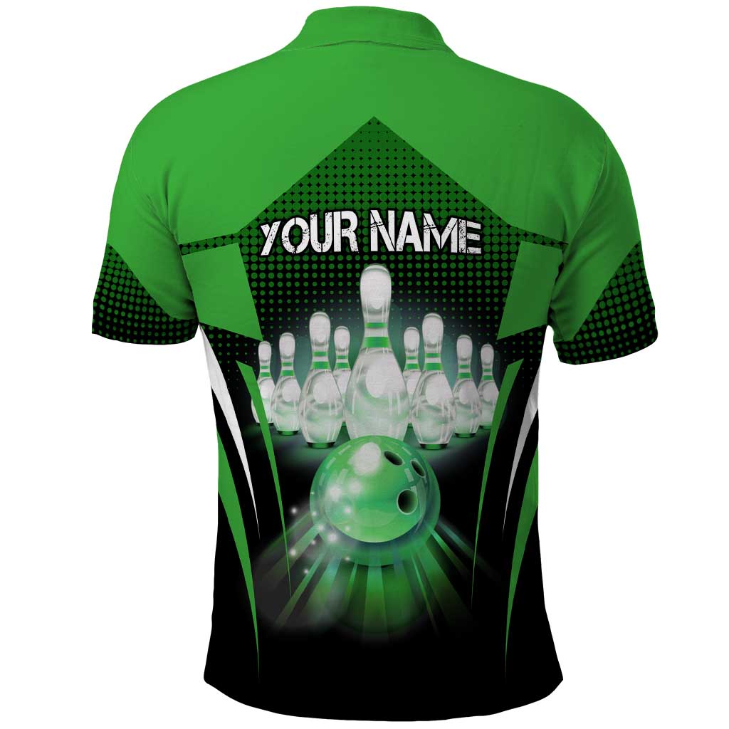 Bowling Team Design Polo Shirt Green Strike Graphic and Custom Name Shield Accent TS04
