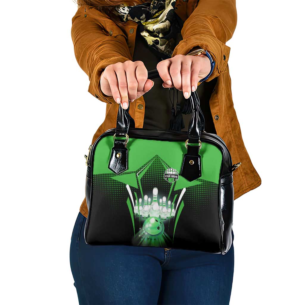 Bowling Team Design Shoulder Handbag Green Strike Graphic and Custom Name Shield Accent TS04