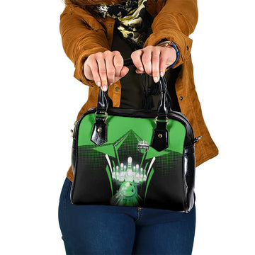 Bowling Team Design Shoulder Handbag Green Strike Graphic and Custom Name Shield Accent TS04