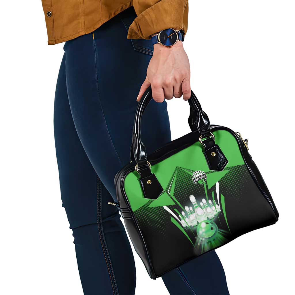 Bowling Team Design Shoulder Handbag Green Strike Graphic and Custom Name Shield Accent TS04