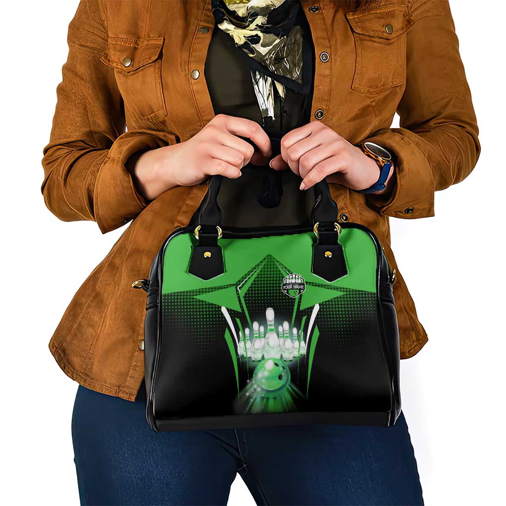 Bowling Team Design Shoulder Handbag Green Strike Graphic and Custom Name Shield Accent TS04