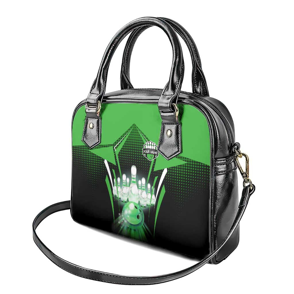 Bowling Team Design Shoulder Handbag Green Strike Graphic and Custom Name Shield Accent TS04