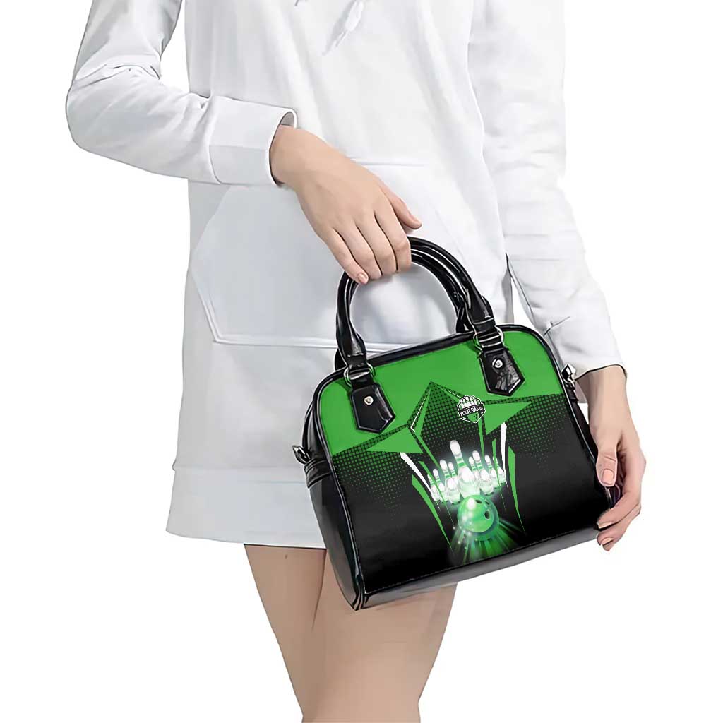 Bowling Team Design Shoulder Handbag Green Strike Graphic and Custom Name Shield Accent TS04
