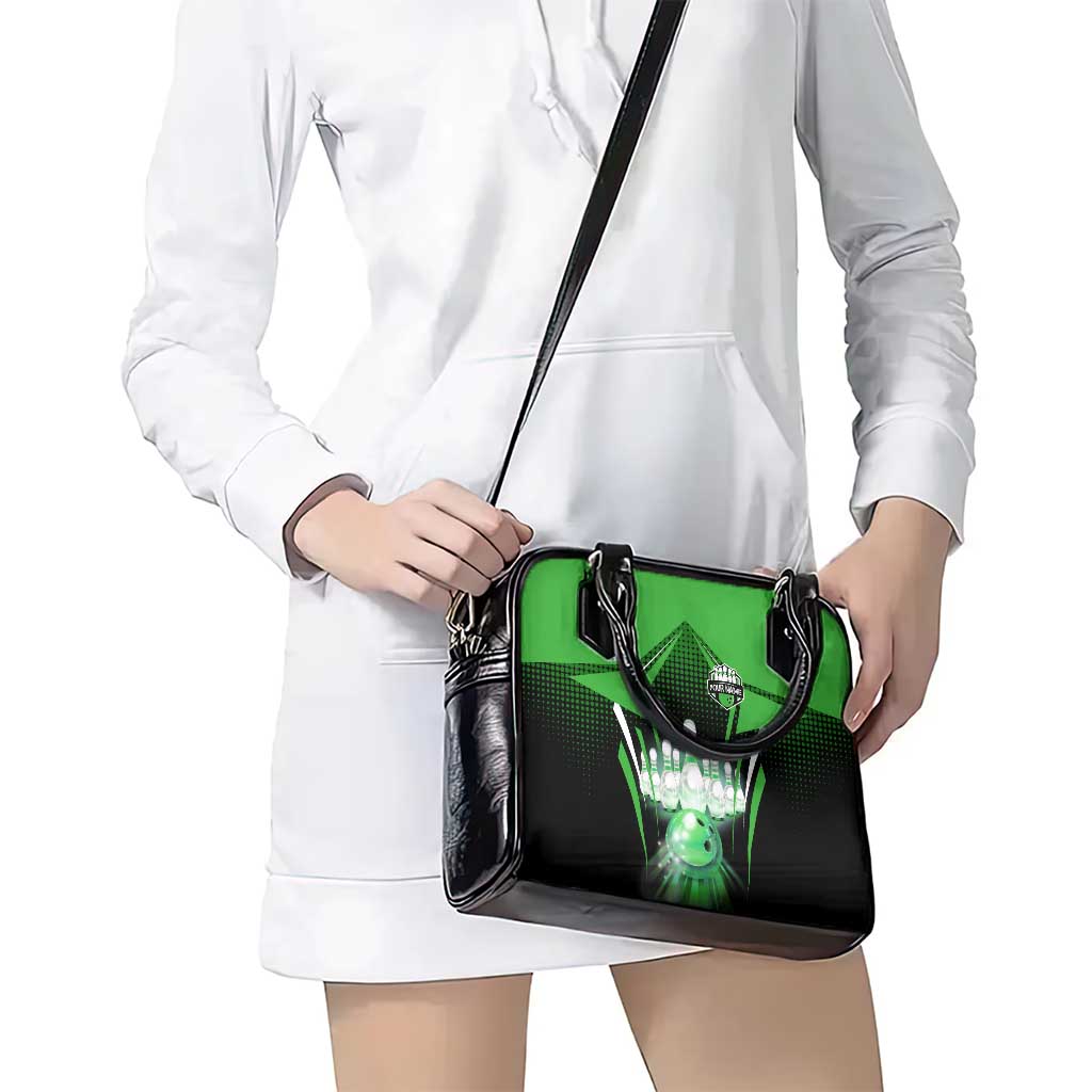 Bowling Team Design Shoulder Handbag Green Strike Graphic and Custom Name Shield Accent TS04