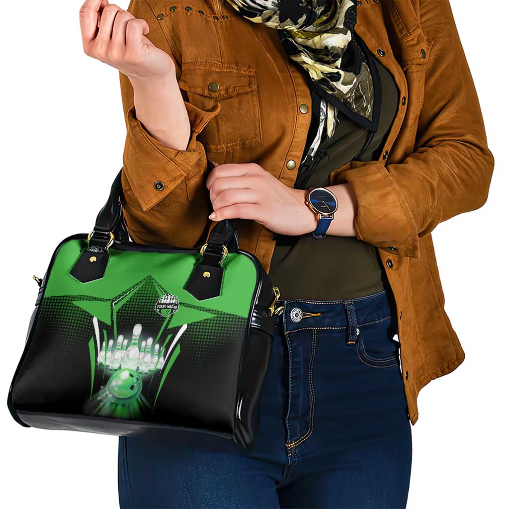Bowling Team Design Shoulder Handbag Green Strike Graphic and Custom Name Shield Accent TS04
