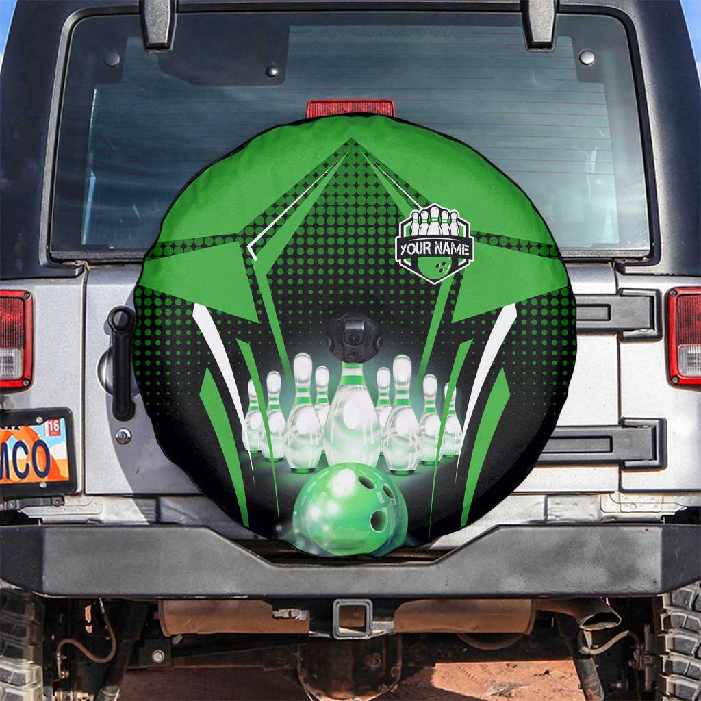 Bowling Team Design Spare Tire Cover Green Strike Graphic and Custom Name Shield Accent TS04