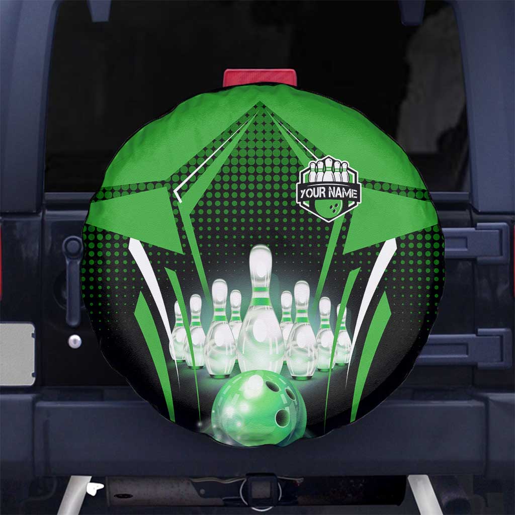 Bowling Team Design Spare Tire Cover Green Strike Graphic and Custom Name Shield Accent TS04