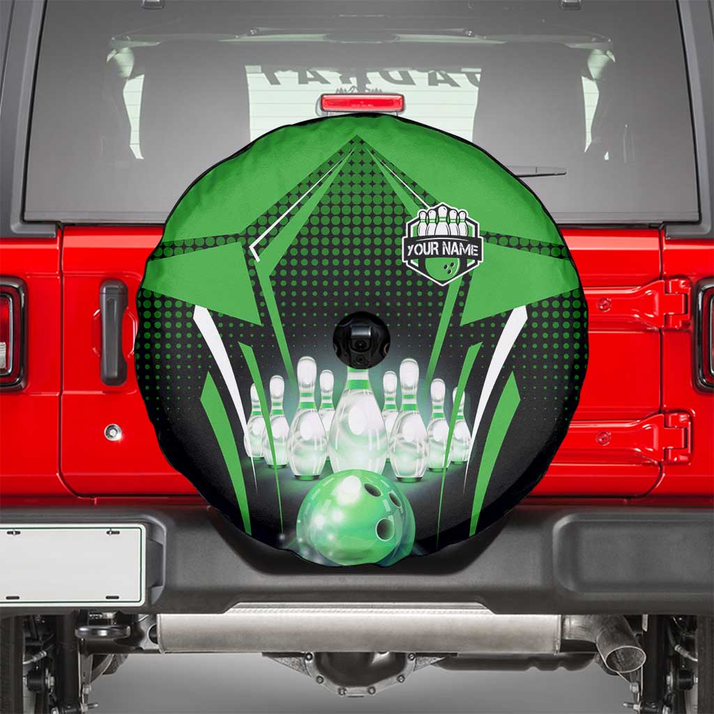 Bowling Team Design Spare Tire Cover Green Strike Graphic and Custom Name Shield Accent TS04
