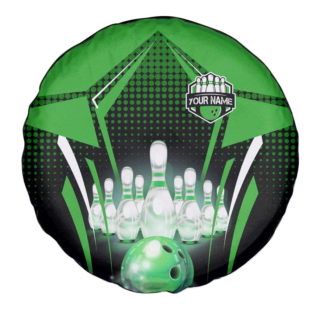 Bowling Team Design Spare Tire Cover Green Strike Graphic and Custom Name Shield Accent TS04