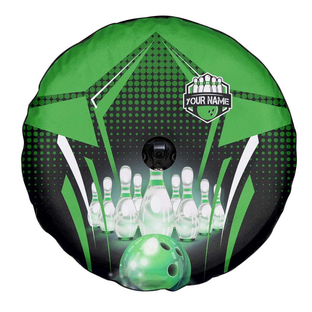 Bowling Team Design Spare Tire Cover Green Strike Graphic and Custom Name Shield Accent TS04