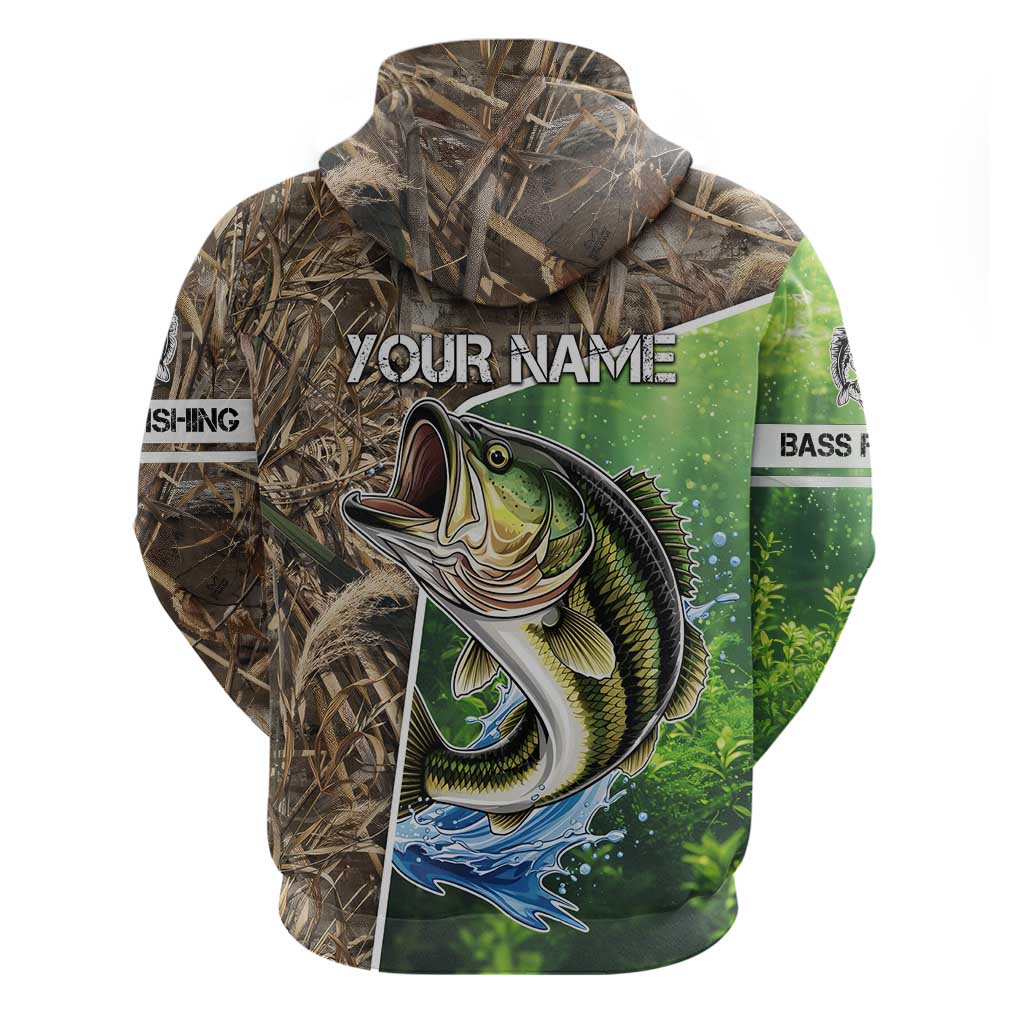 Personalized Bass Fishing Design Hoodie Leaping Fish Graphic and Camouflage Green Water Splash Print TS04