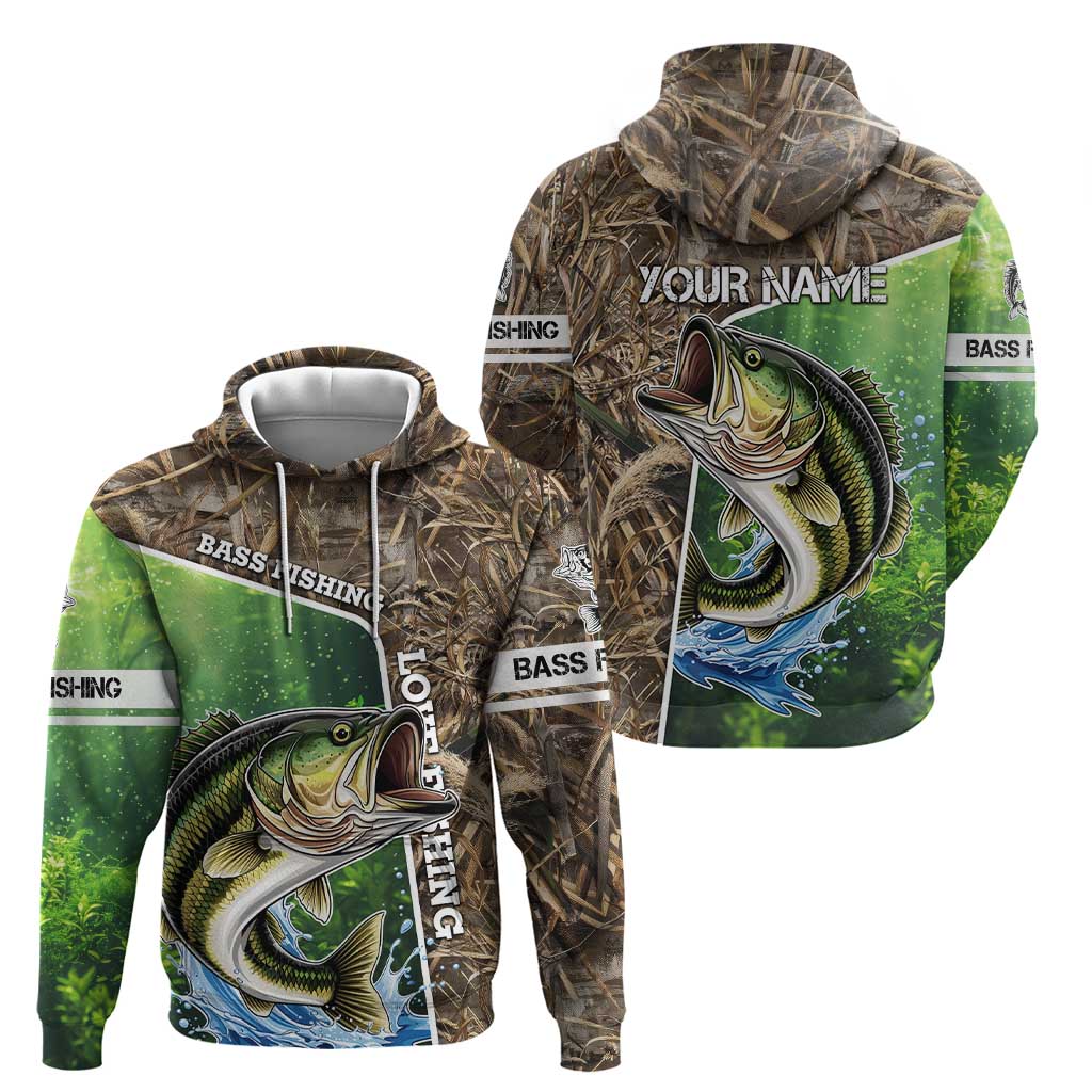 Personalized Bass Fishing Design Hoodie Leaping Fish Graphic and Camouflage Green Water Splash Print TS04