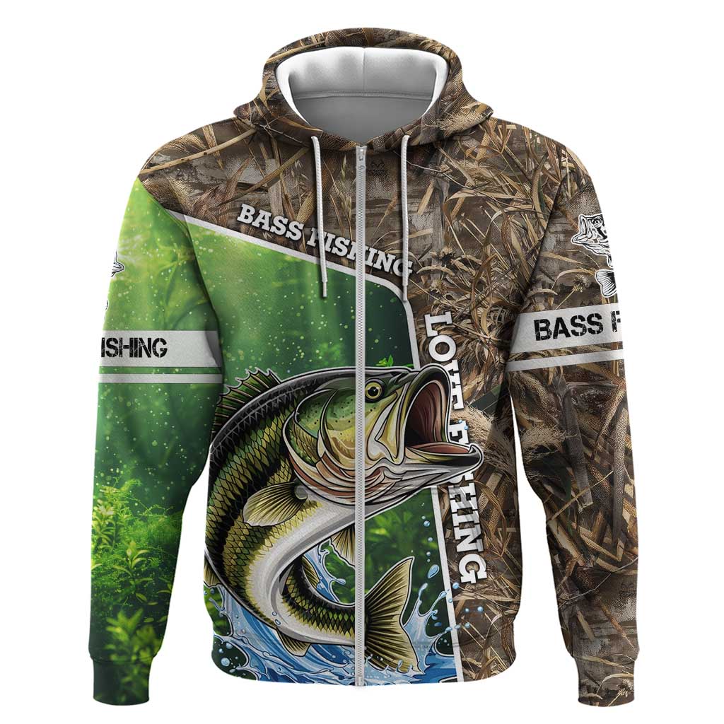 Personalized Bass Fishing Design Hoodie Leaping Fish Graphic and Camouflage Green Water Splash Print TS04