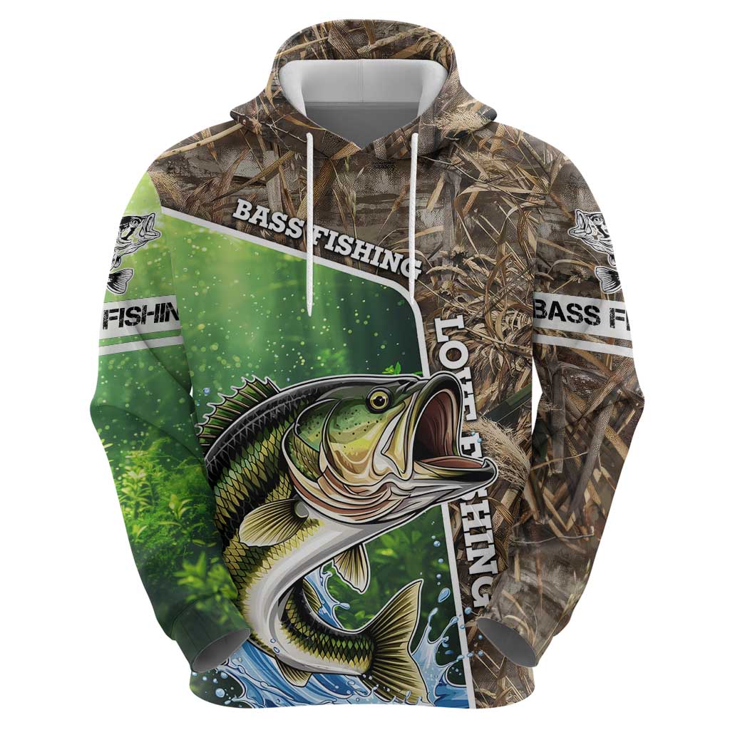 Personalized Bass Fishing Design Hoodie Leaping Fish Graphic and Camouflage Green Water Splash Print TS04
