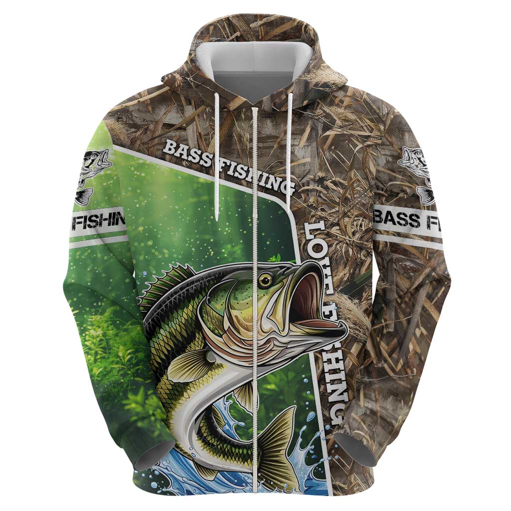 Personalized Bass Fishing Design Hoodie Leaping Fish Graphic and Camouflage Green Water Splash Print TS04
