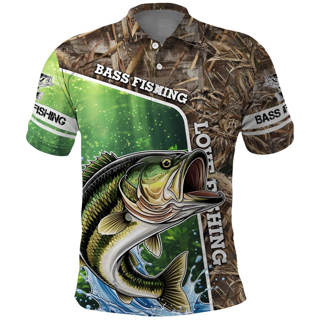 Personalized Bass Fishing Design Polo Shirt Leaping Fish Graphic and Camouflage Green Water Splash Print TS04