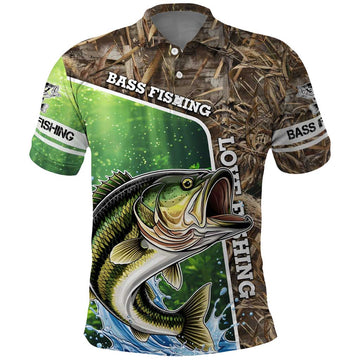 Personalized Bass Fishing Design Polo Shirt Leaping Fish Graphic and Camouflage Green Water Splash Print TS04