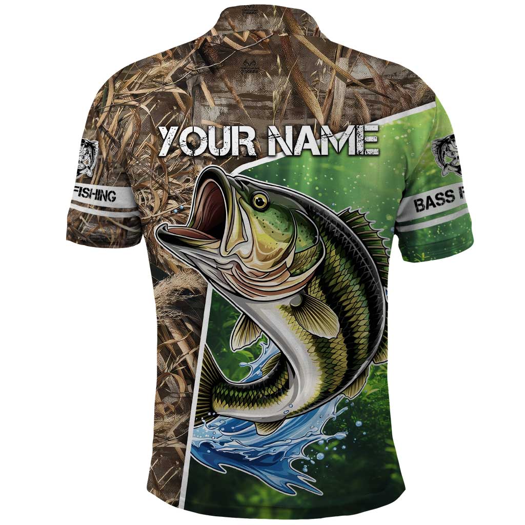 Personalized Bass Fishing Design Polo Shirt Leaping Fish Graphic and Camouflage Green Water Splash Print TS04