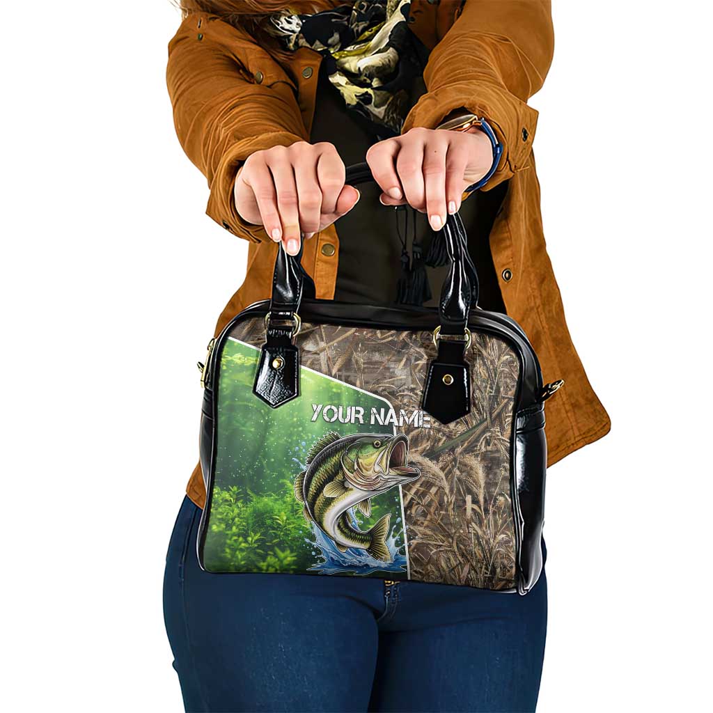 Personalized Bass Fishing Design Shoulder Handbag Leaping Fish Graphic and Camouflage Green Water Splash Print TS04