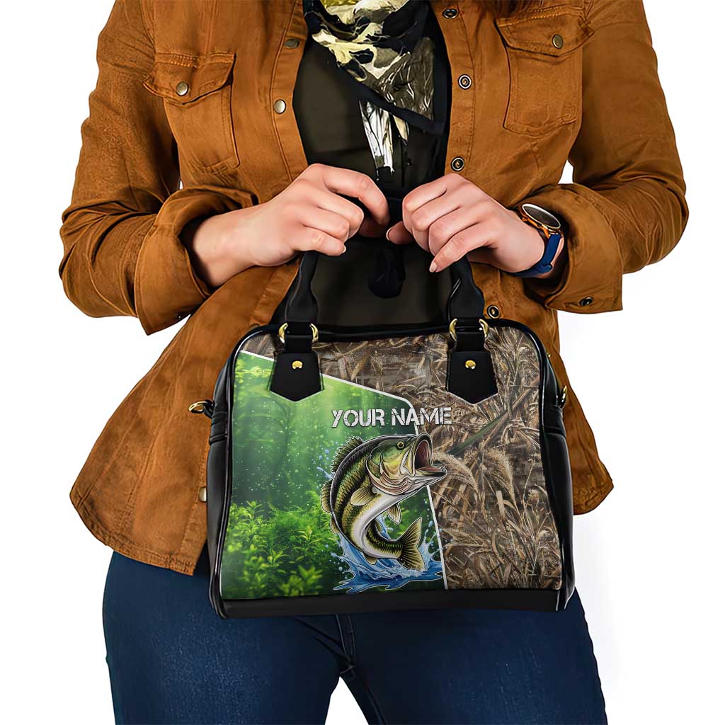 Personalized Bass Fishing Design Shoulder Handbag Leaping Fish Graphic and Camouflage Green Water Splash Print TS04
