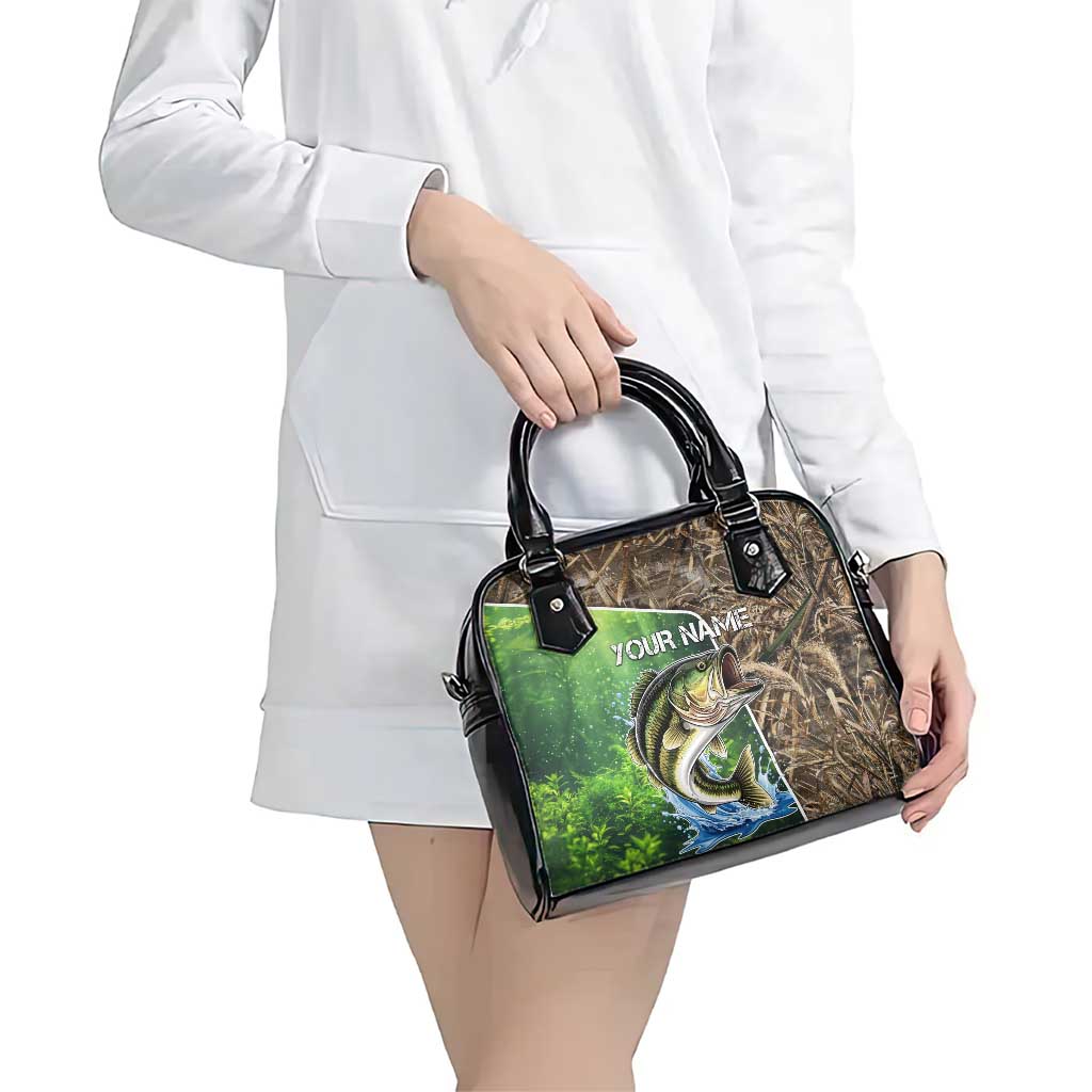 Personalized Bass Fishing Design Shoulder Handbag Leaping Fish Graphic and Camouflage Green Water Splash Print TS04