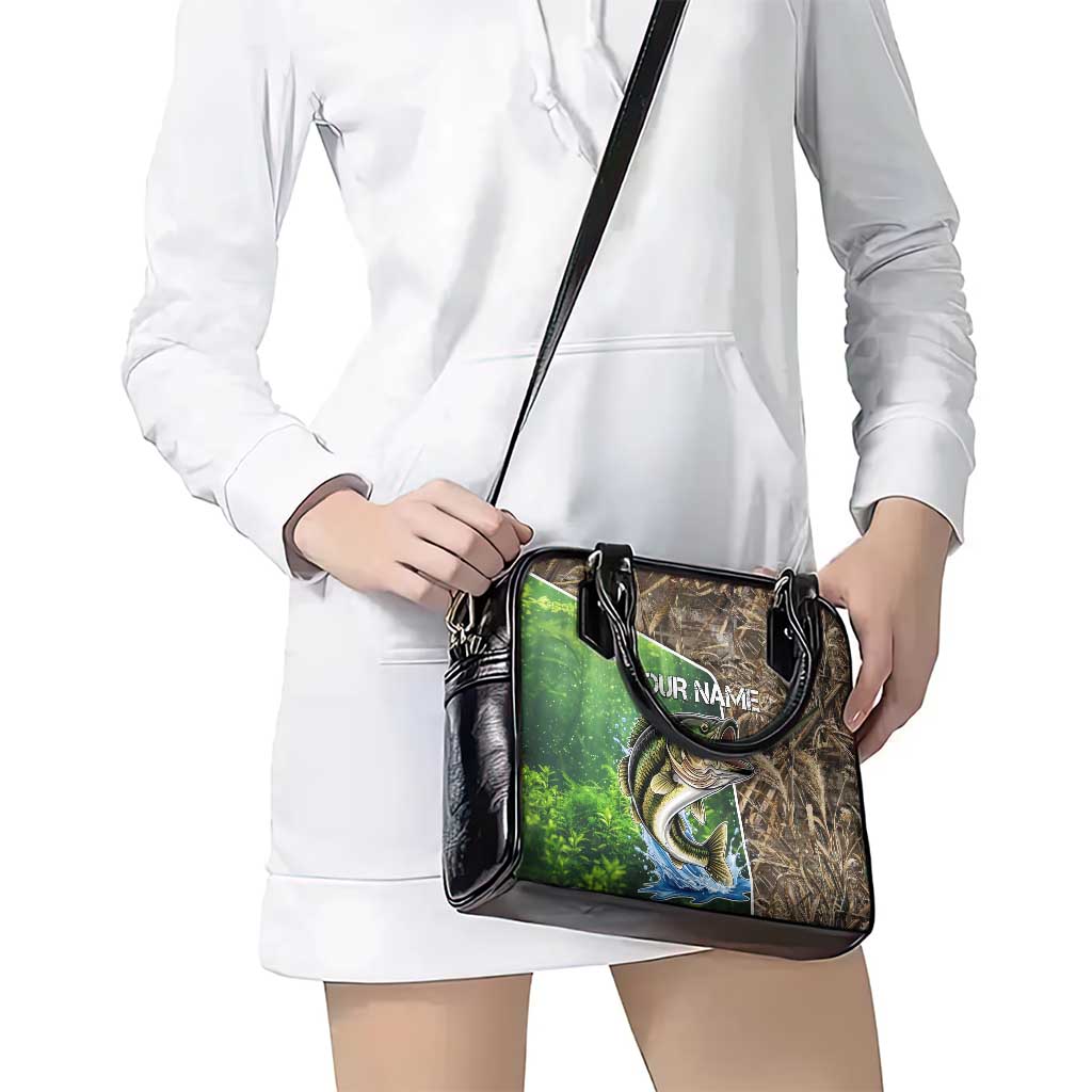 Personalized Bass Fishing Design Shoulder Handbag Leaping Fish Graphic and Camouflage Green Water Splash Print TS04