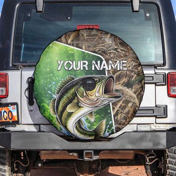 Personalized Bass Fishing Design Spare Tire Cover Leaping Fish Graphic and Camouflage Green Water Splash Print TS04