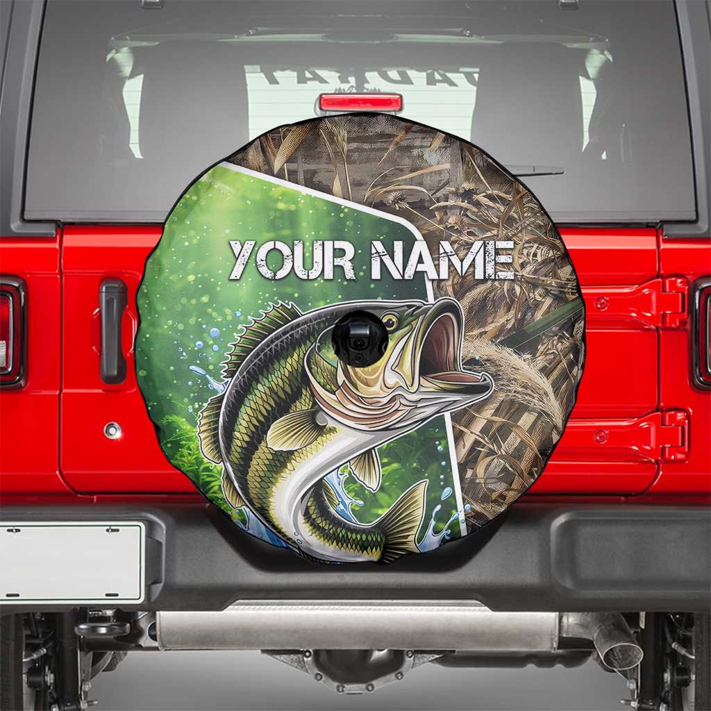 Personalized Bass Fishing Design Spare Tire Cover Leaping Fish Graphic and Camouflage Green Water Splash Print TS04