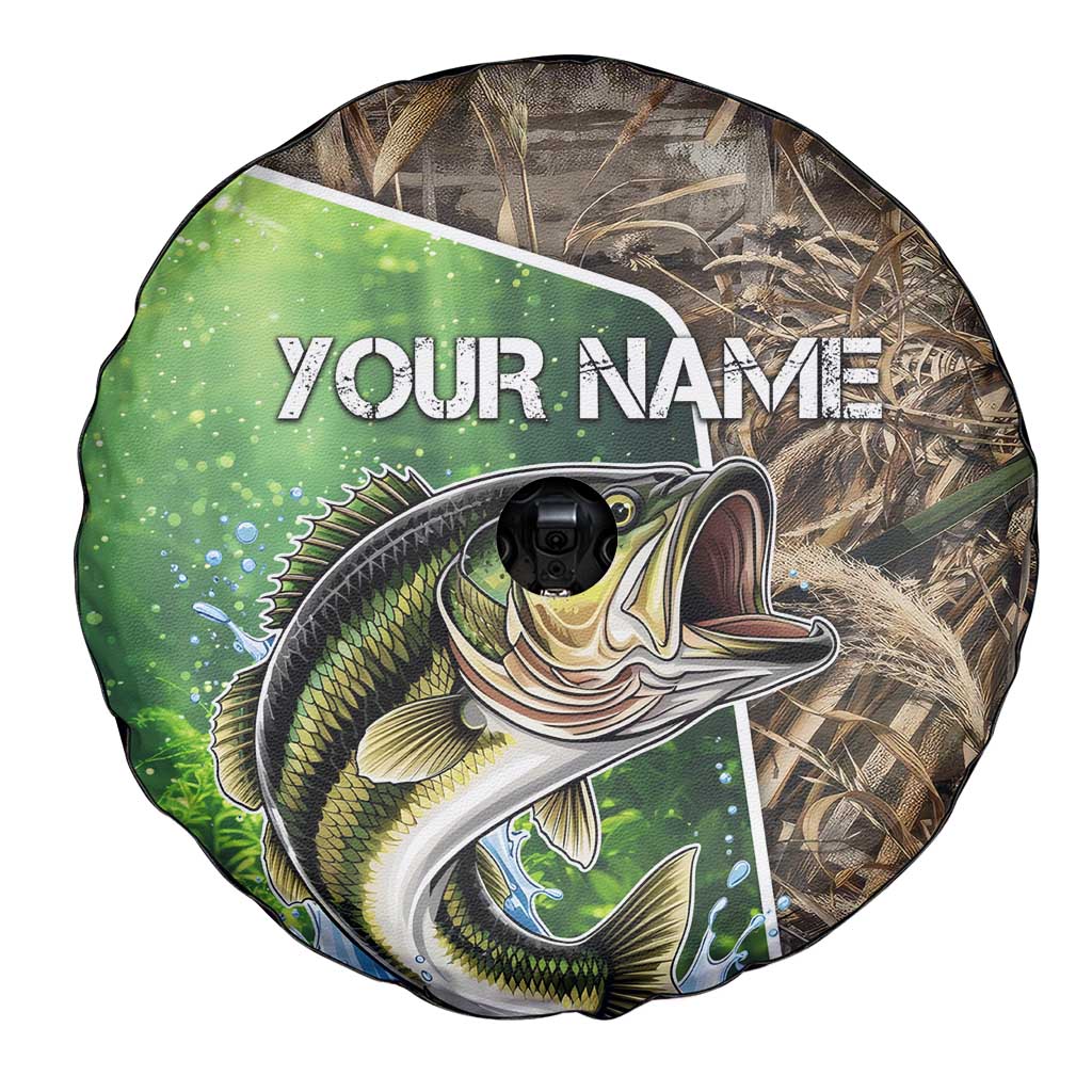 Personalized Bass Fishing Design Spare Tire Cover Leaping Fish Graphic and Camouflage Green Water Splash Print TS04
