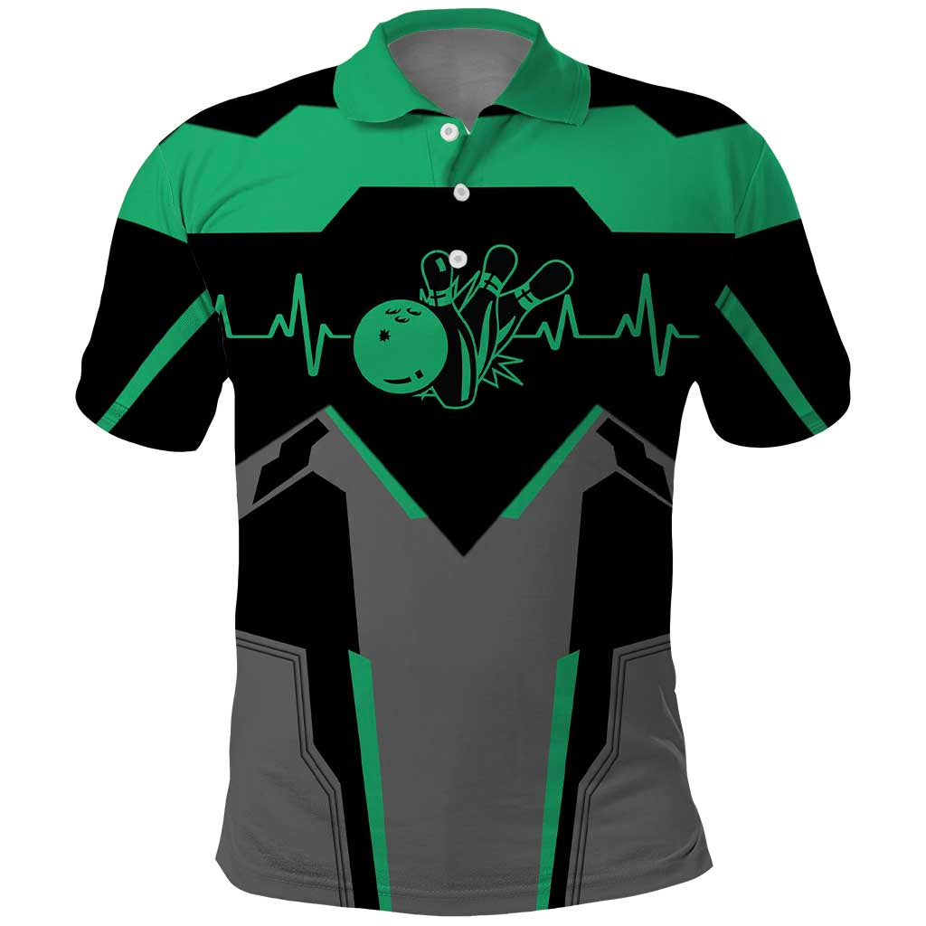 Personalized Bowling Heartbeat Team Polo Shirt For Bowlers Green and Gray TS04