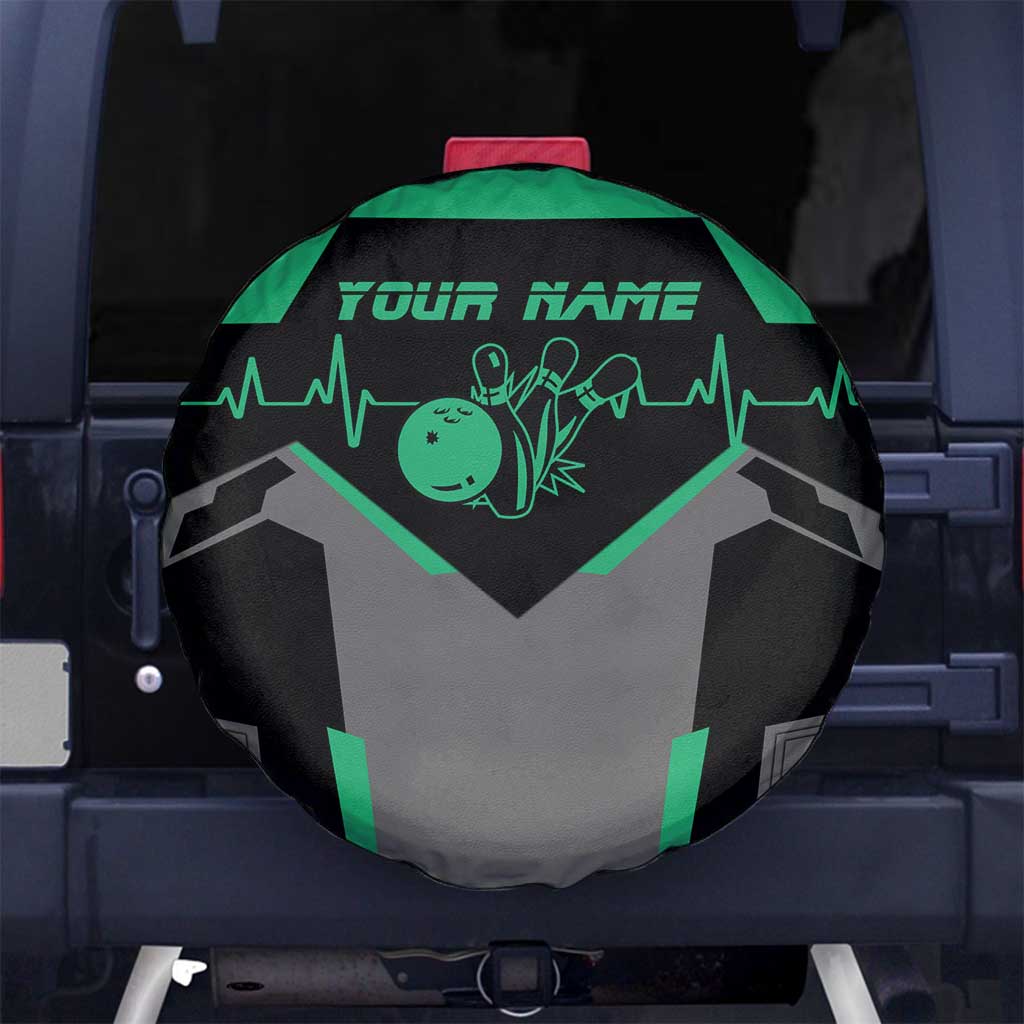Personalized Bowling Heartbeat Team Spare Tire Cover For Bowlers Green and Gray TS04