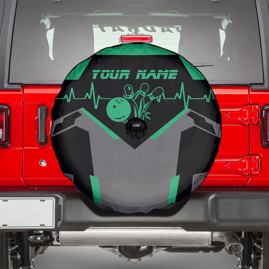 Personalized Bowling Heartbeat Team Spare Tire Cover For Bowlers Green and Gray TS04