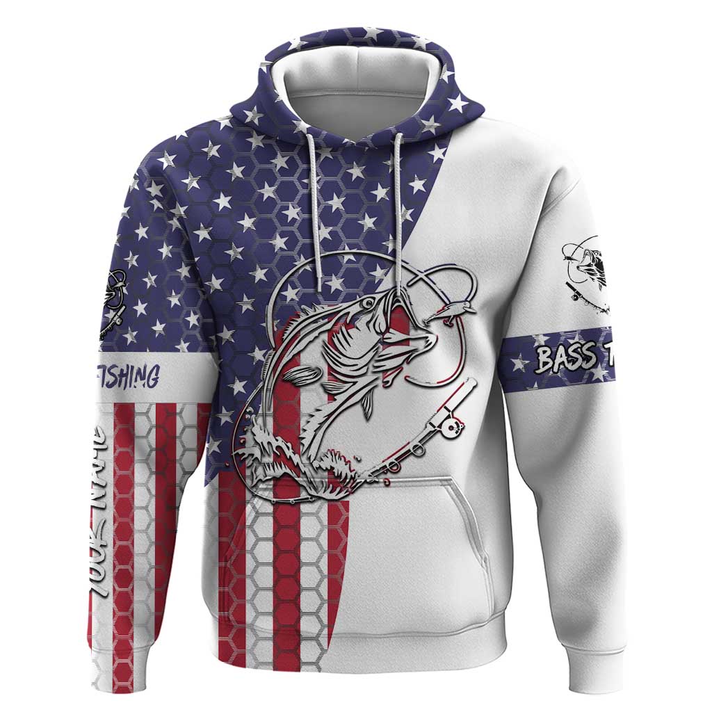 American Flag Bass Fishing Hoodie Fishing Rod and Patriotic Red White and Blue Theme TS04