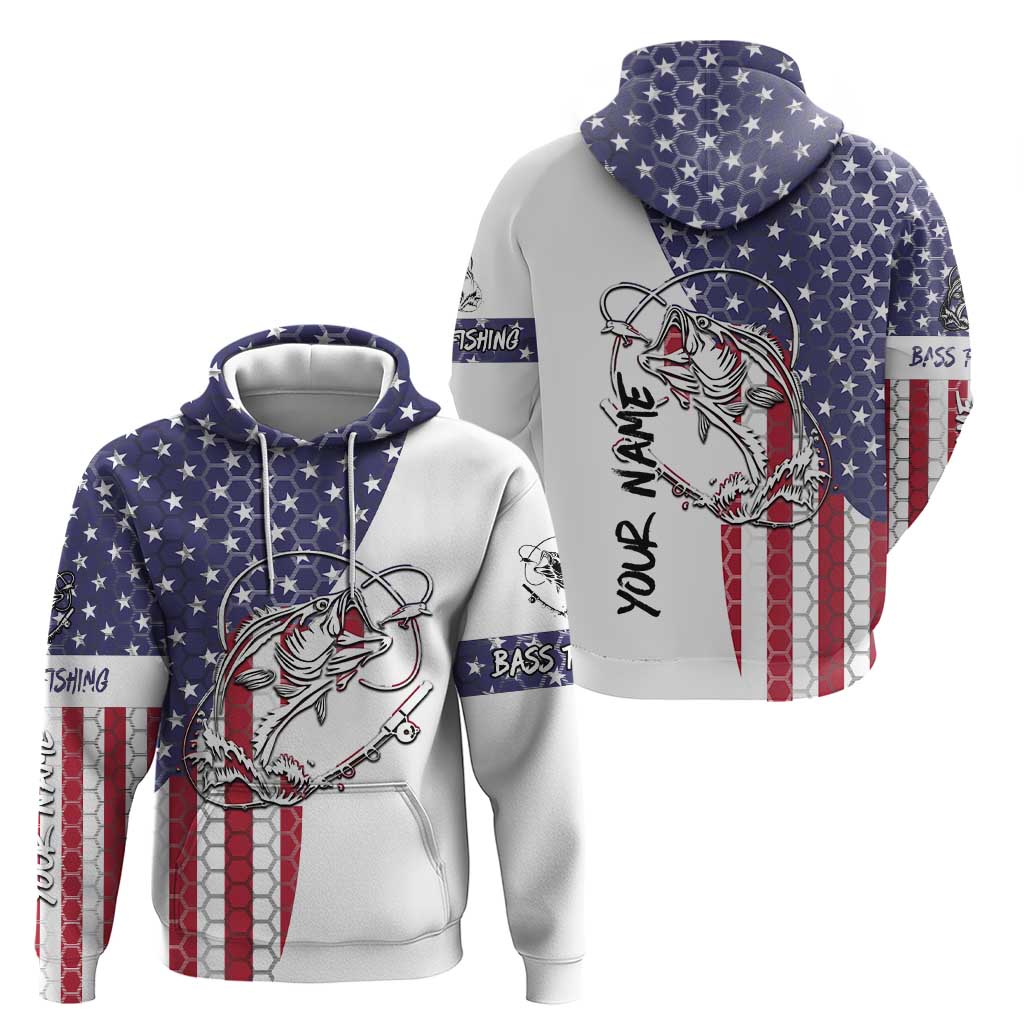 American Flag Bass Fishing Hoodie Fishing Rod and Patriotic Red White and Blue Theme TS04