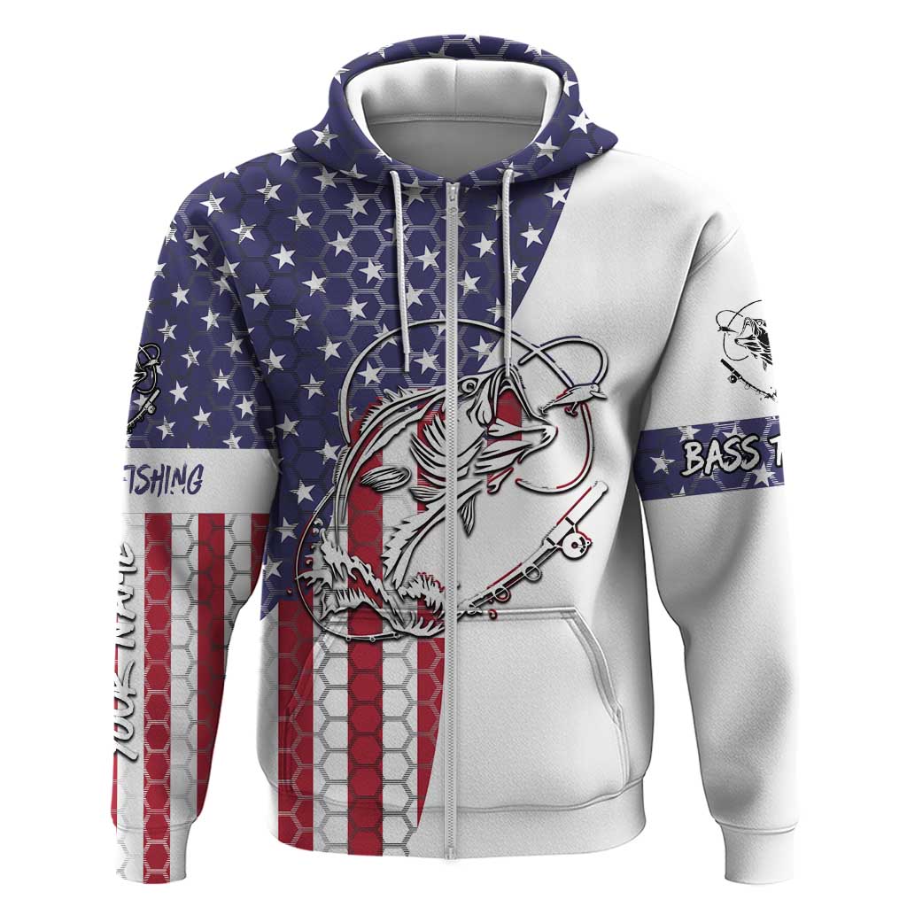 American Flag Bass Fishing Hoodie Fishing Rod and Patriotic Red White and Blue Theme TS04