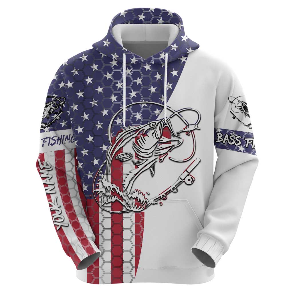 American Flag Bass Fishing Hoodie Fishing Rod and Patriotic Red White and Blue Theme TS04