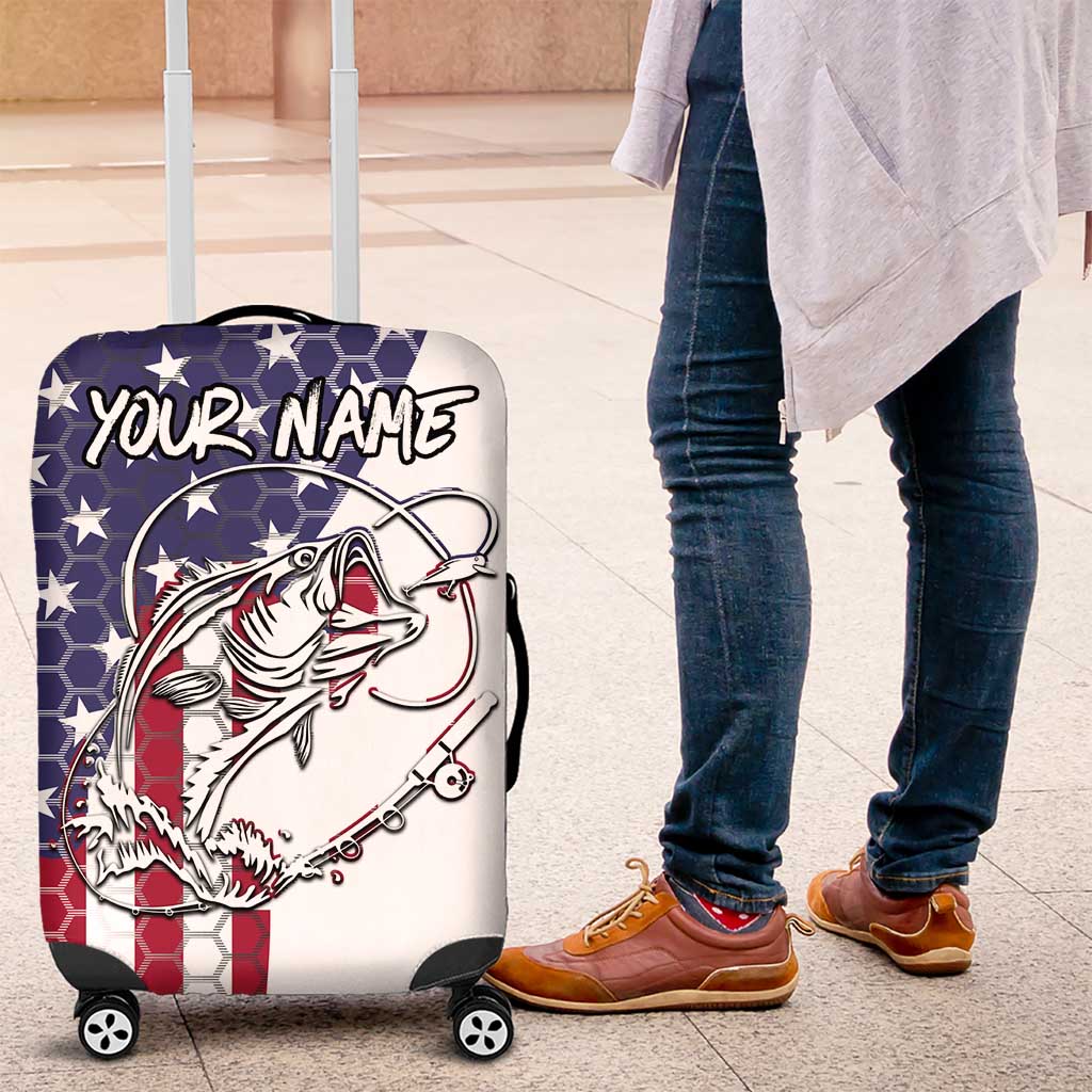 American Flag Bass Fishing Luggage Cover Fishing Rod and Patriotic Red White and Blue Theme TS04