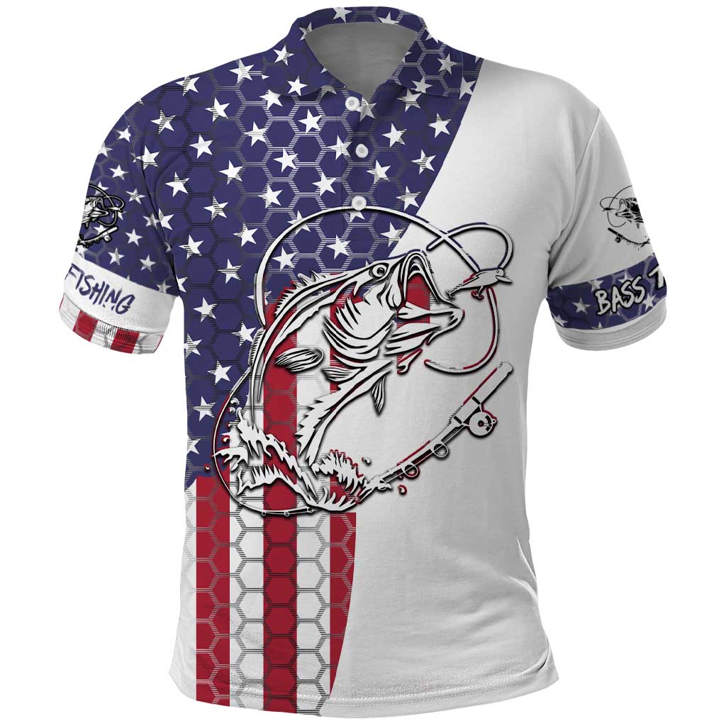 American Flag Bass Fishing Polo Shirt Fishing Rod and Patriotic Red White and Blue Theme TS04