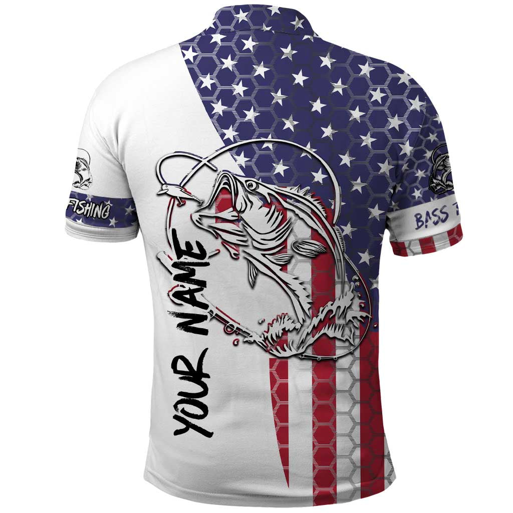 American Flag Bass Fishing Polo Shirt Fishing Rod and Patriotic Red White and Blue Theme TS04