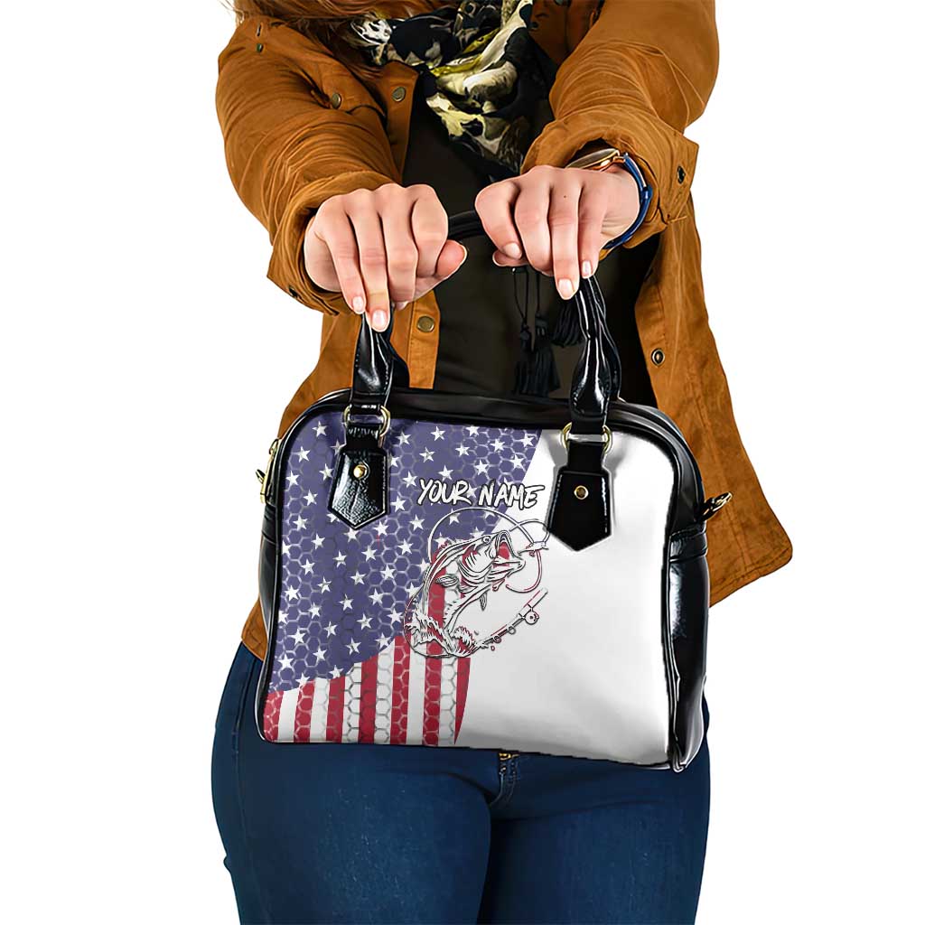 American Flag Bass Fishing Shoulder Handbag Fishing Rod and Patriotic Red White and Blue Theme TS04