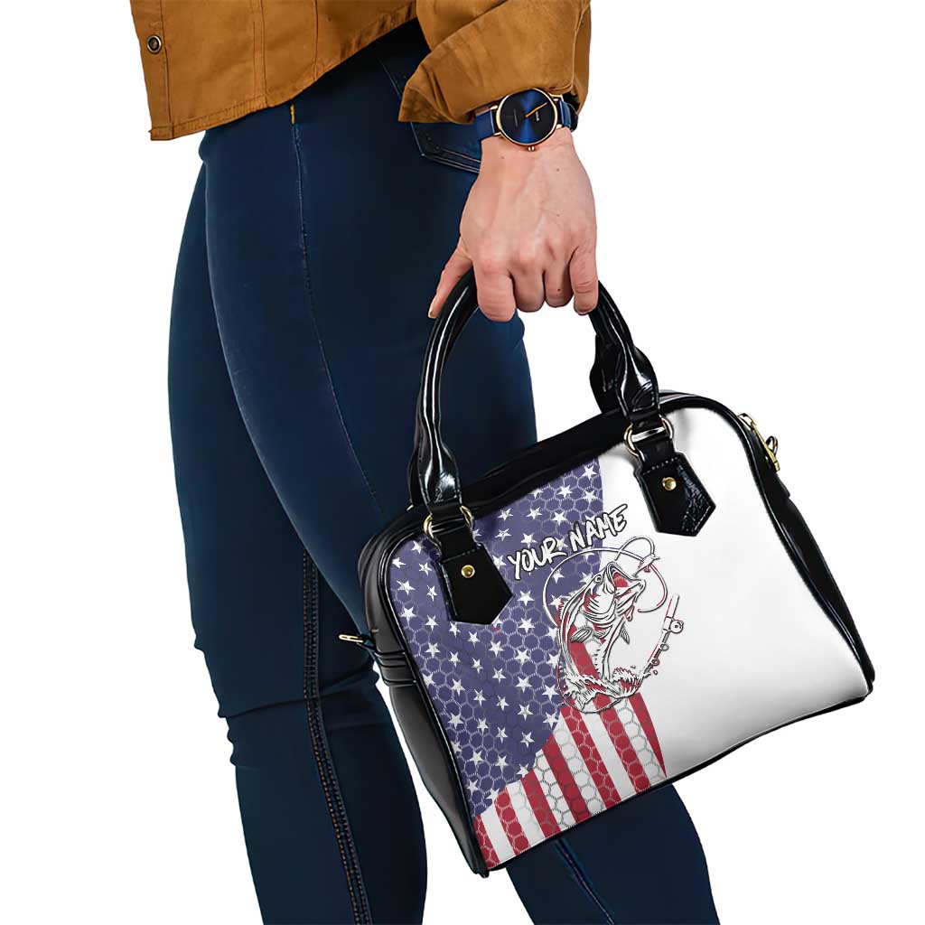 American Flag Bass Fishing Shoulder Handbag Fishing Rod and Patriotic Red White and Blue Theme TS04