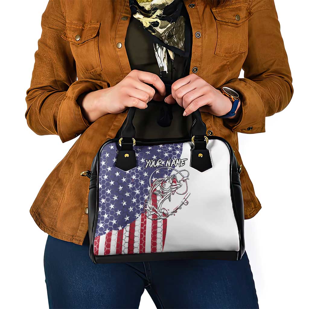 American Flag Bass Fishing Shoulder Handbag Fishing Rod and Patriotic Red White and Blue Theme TS04
