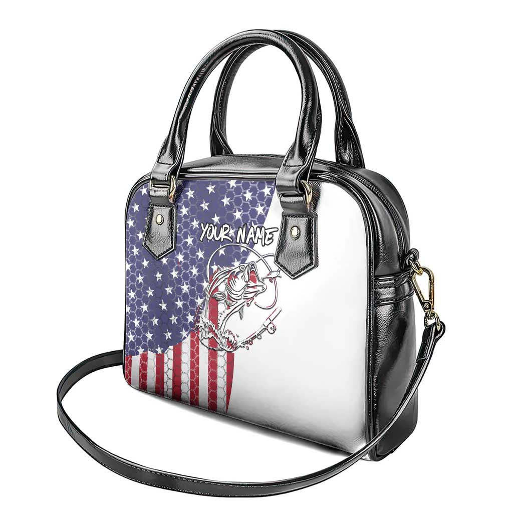 American Flag Bass Fishing Shoulder Handbag Fishing Rod and Patriotic Red White and Blue Theme TS04